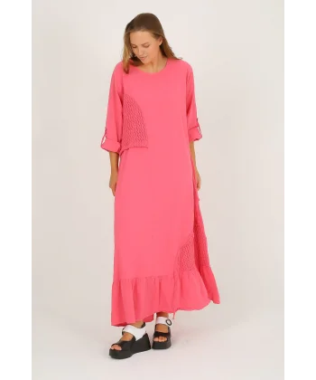 Pamuklu Kadın Uzun Tam Boy Triko Detaylı Elbise-Pembe