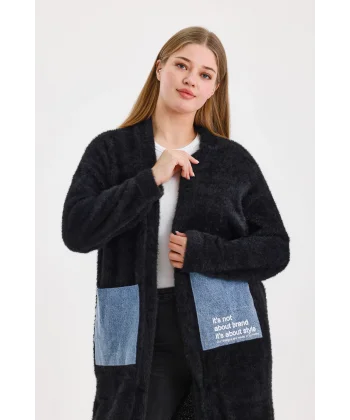 Peluş Kot Garnili Kaftan-Siyah