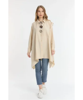 Sardunya oversize uzun tunik gömlek-Krem