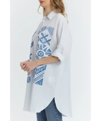 Şili çiçek figürlü oversize kadın gömlek-Beyaz