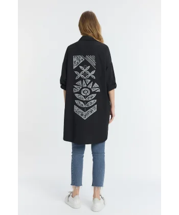 Şili çiçek figürlü oversize kadın gömlek-Siyah