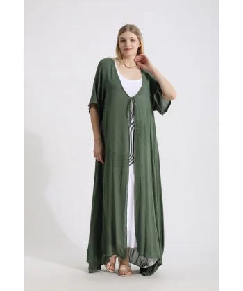 Süzeneli elbise ve hırka takım-yeşil