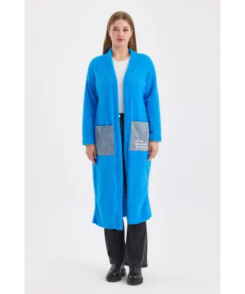 Peluş Kot Garnili Kaftan-Mavi