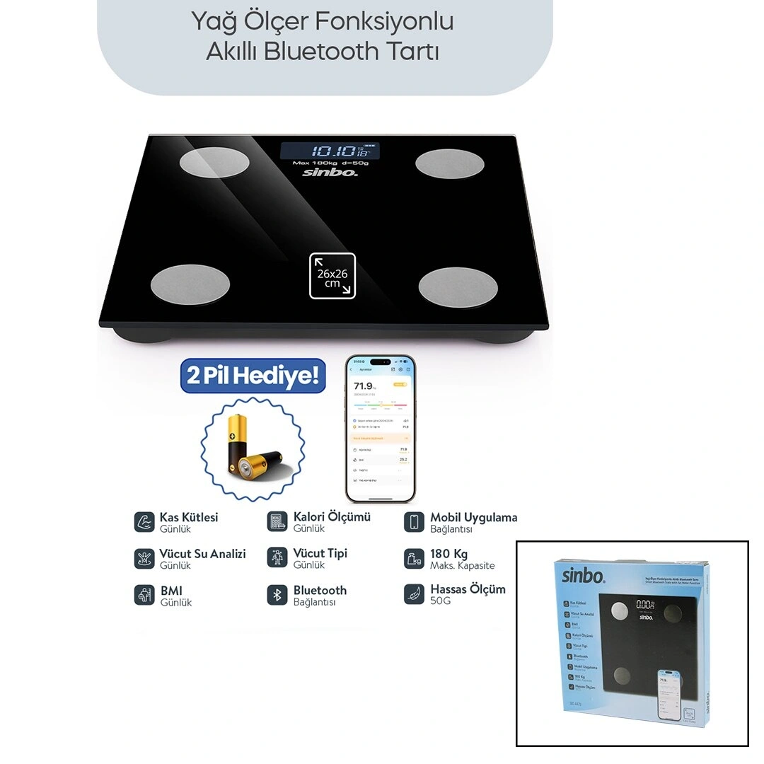 SİNBO SBS-4470 ( SİYAH ) (YAĞ ÖLÇER) AKILLI (BLUETOOTH) CAM BASKÜL (PİLLİ) (180KG/50GR) (26X26CM) (8-KİŞİ HAFIZA) (LCD EKRAN) (℃ GÖSTERGE)*10