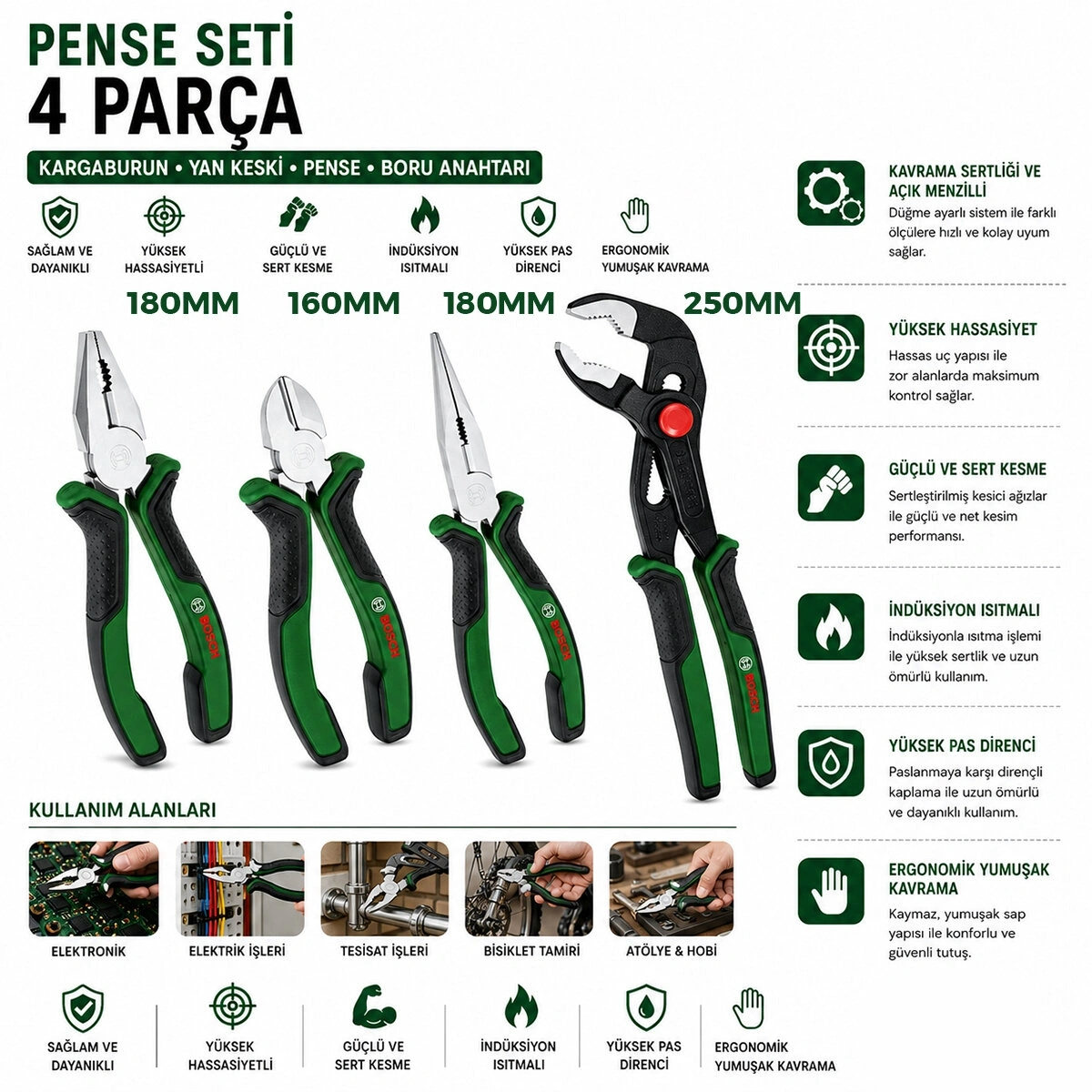 BOSCH-1 600 A02 W7K ( 4PCS ) PENSE SETİ ( 10 PAPAĞAN PENSE & 7 PENSE - 6 YAN KESKİ - 7 KARGABURNU ) ( 60 ± KESME SERTLİK )*1