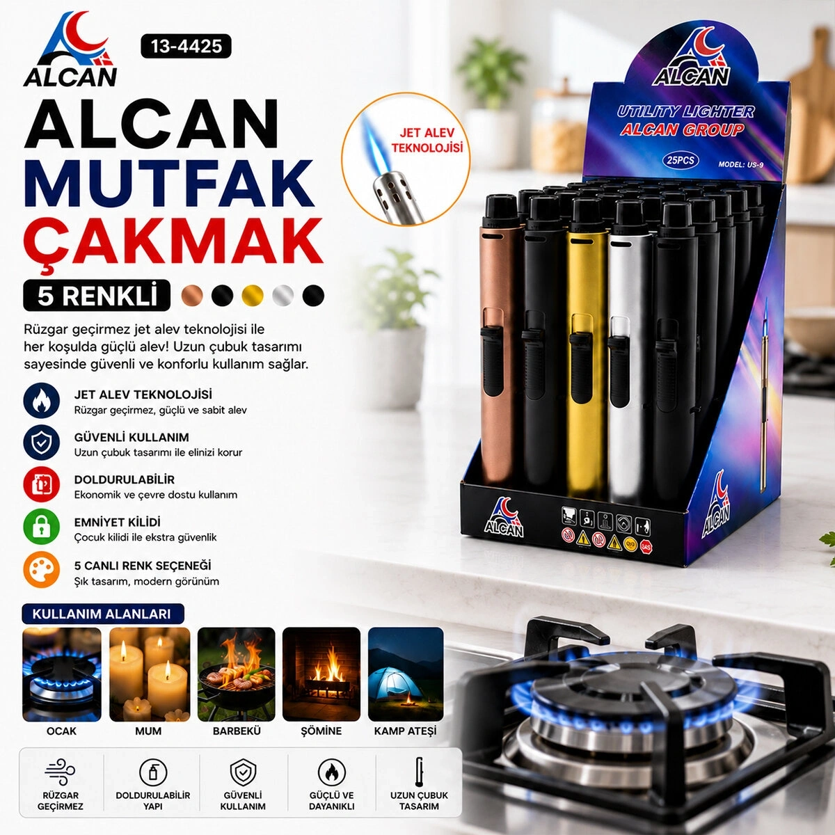ALCAN US-53 ( IZGARALI & RÜZGAR ) OCAK MUTFAK ÇAKMAK RENKLİ*25X12