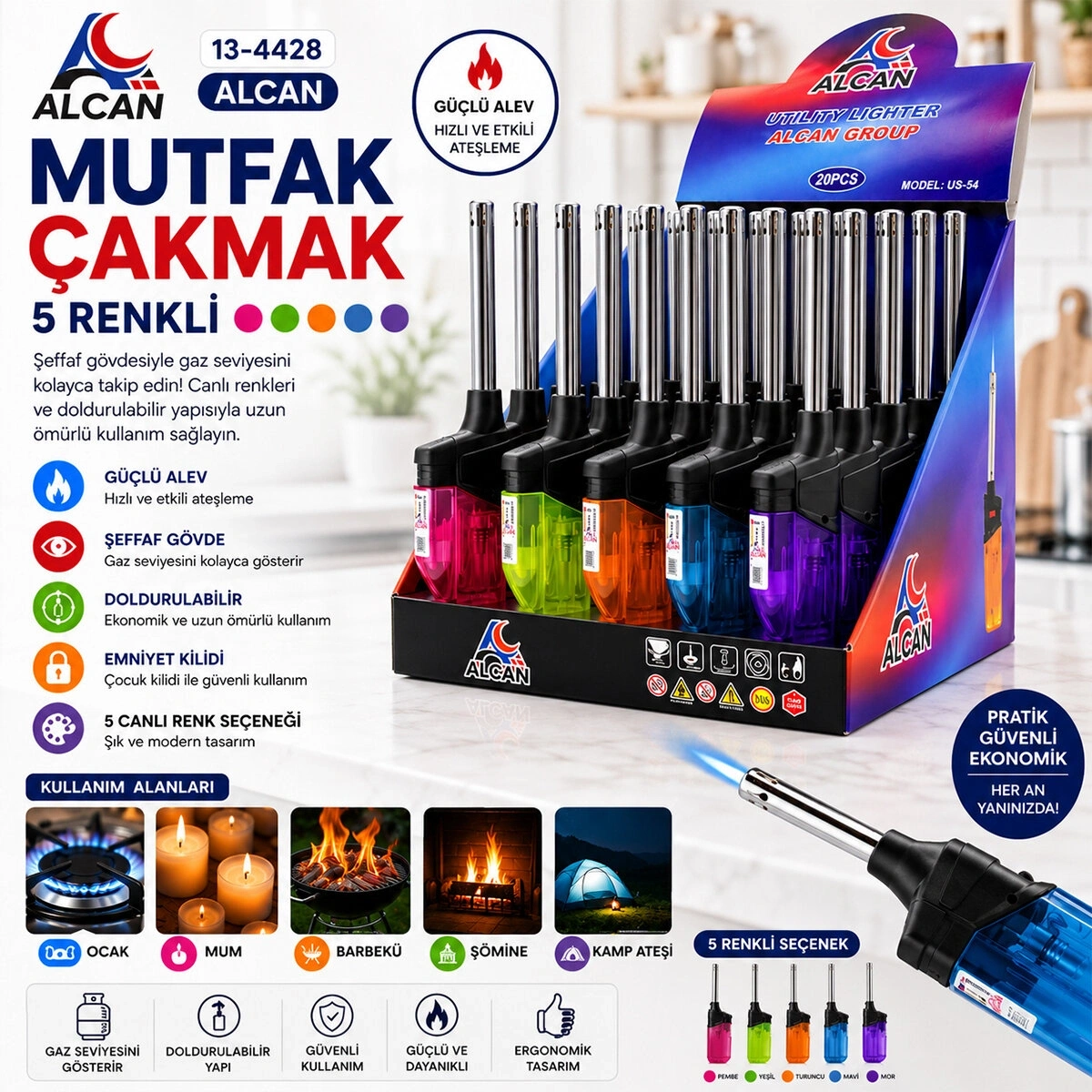 ALCAN US-54 ( IZGARALI & RÜZGAR ) OCAK MUTFAK ÇAKMAK RENKLİ*20X18