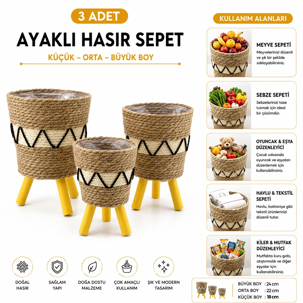 ALVETRO ALV-01 ( 3PCS ) AYAKLI HASIR & AHŞAP SEPET ( MİX DESEN ) ( 18-22-24CM )*6=K