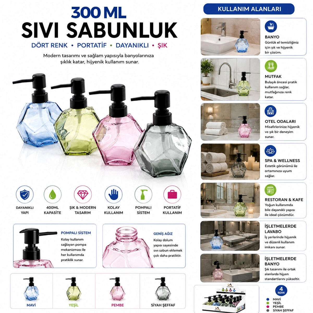 ALVETRO ALV-04 ( CAM ) ( ELMAS & RENKLİ ŞEFFAF ŞİŞE  ) SIVI SABUNLUK ( 300ML )*12X4