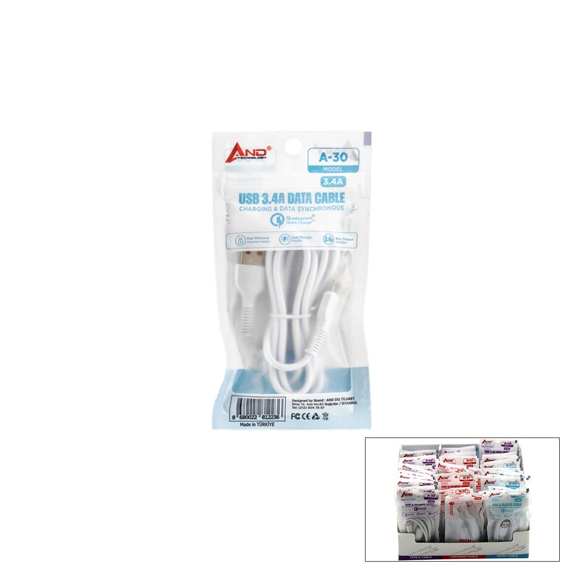 AND TECNOLOGY A30-31-32 ( MİCRO & USB & TYPE-C ) TELEFON ŞARJ & DATA KABLOSU MİX 3.4A*50X12
