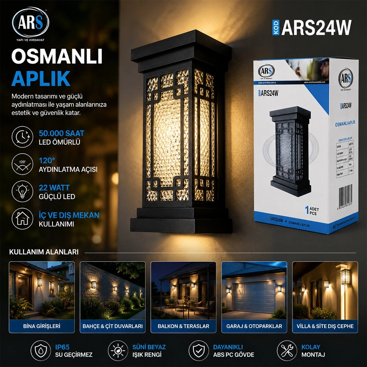 ARS-348952 ( IP66 ) ( 50.000 SAAT LED ÖMRÜ ) ( 22W ) OSMANLI LED APLİK DUVAR LAMBASI*30