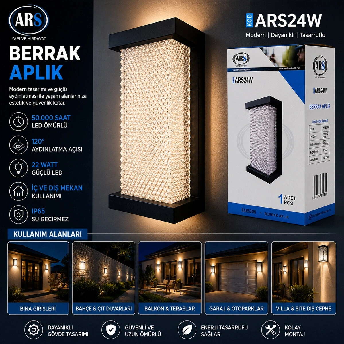 ARS-348954 ( IP66 ) ( 50.000 SAAT LED ÖMRÜ ) ( 22W ) BERRAK LED APLİK DUVAR LAMBASI*30