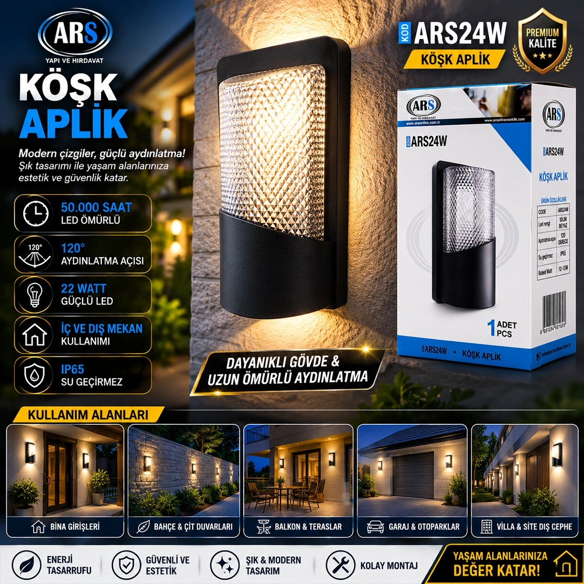 ARS-348955 ( IP66 ) ( 50.000 SAAT LED ÖMRÜ ) ( 22W ) KÖŞK LED APLİK DUVAR LAMBASI*30