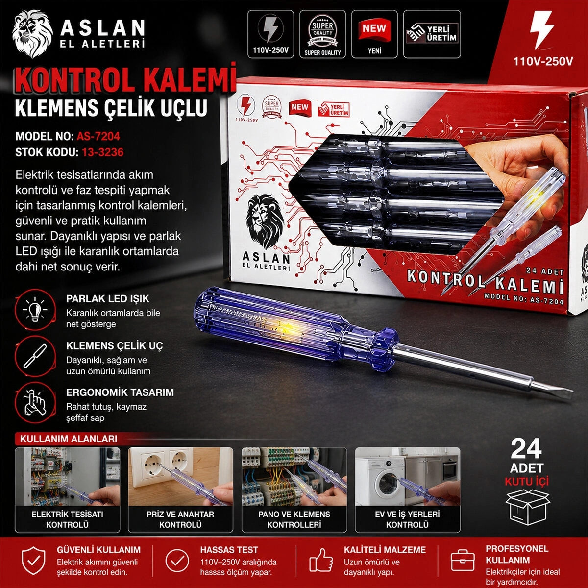 ASLAN AS-7204 ( DÜZ ) KONTROL KALEMİ KLEMENS ÇELİK UÇLU*24X20