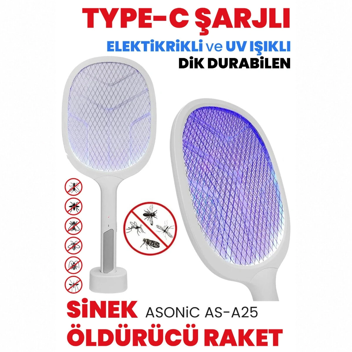 ASONİC AS-A25 ( BEYAZ/GRİ ) ( TYPE-C ŞARJLI ) ( RAKET MODELİ ) ELEKTRONİK SİNEK ÖLDÜRÜCÜ CIZ MAKİNE*40