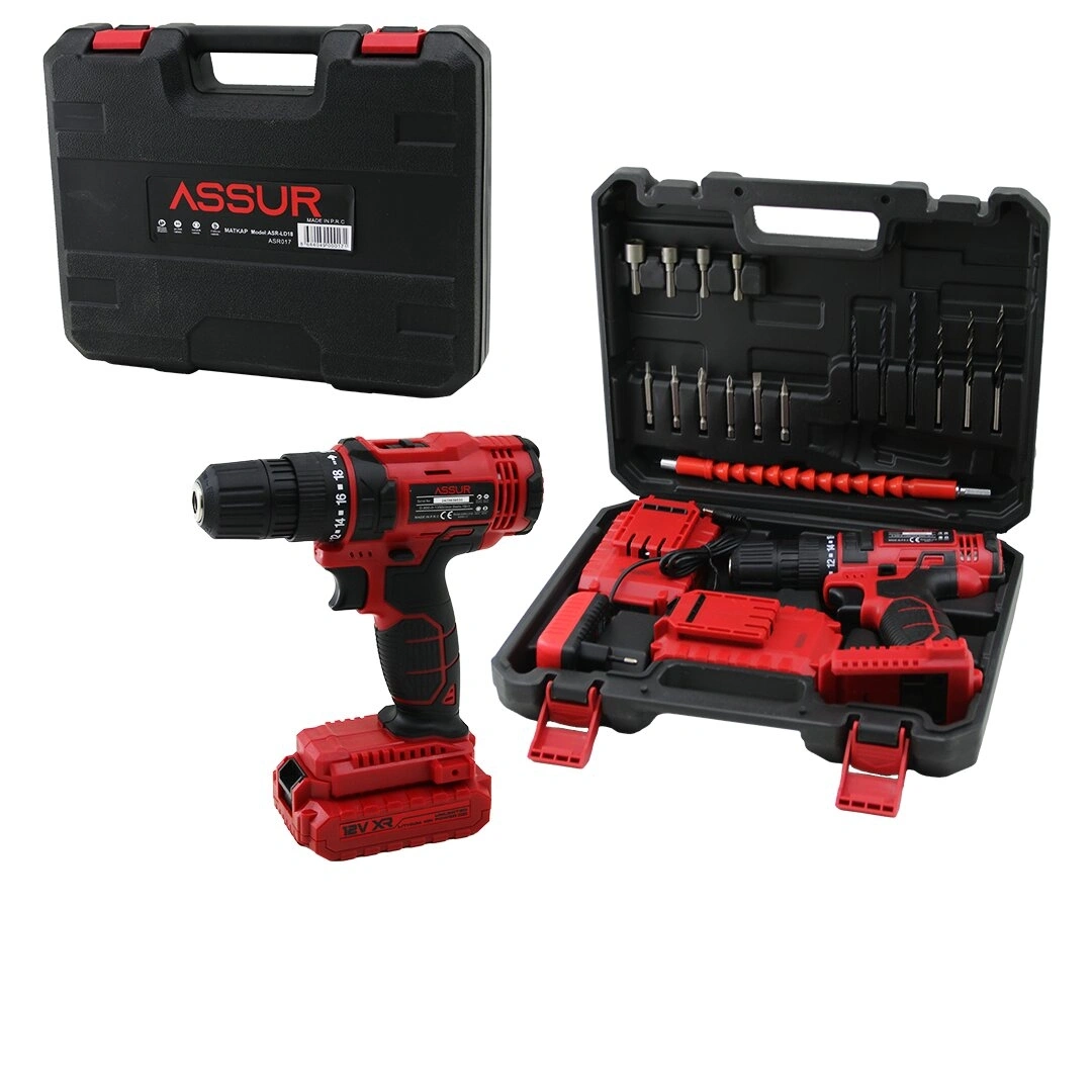 ASSUR ASR-017-LD18 ( DARBELİ ) (KIRMIZI ) (ŞARJLI & YEDEK BATARYA ) MATKAP SETİ ÇANTALI*10