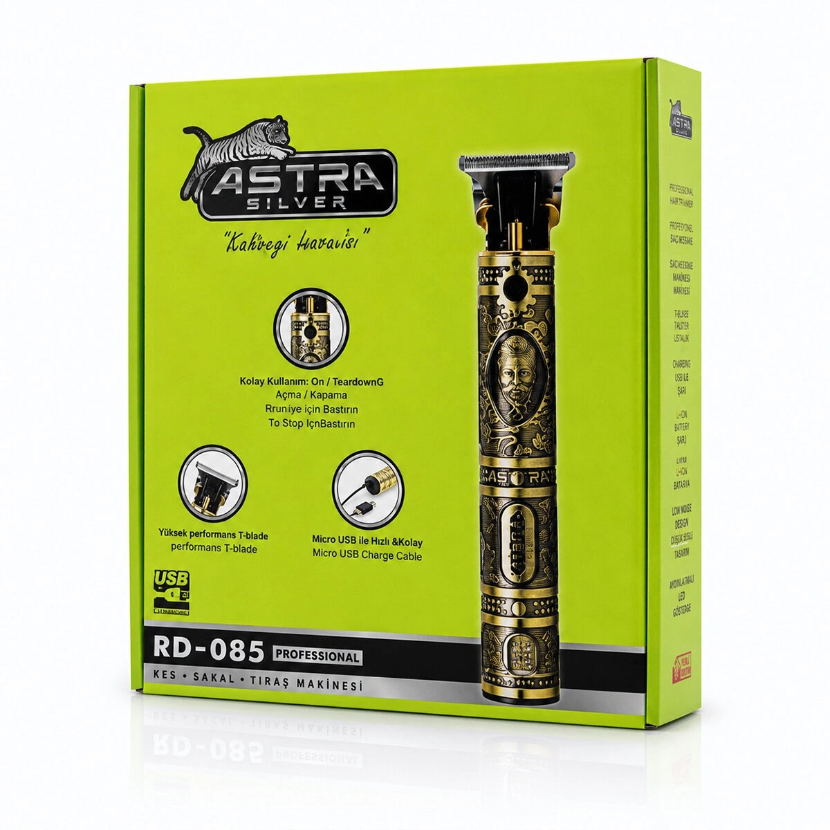 ASTRA SILVER RD-085 ( KOMPLE METAL ) SAÇ SAKAL TRAŞ MAKİNESİ ( USB ŞARJLI & T BIÇAK )*40