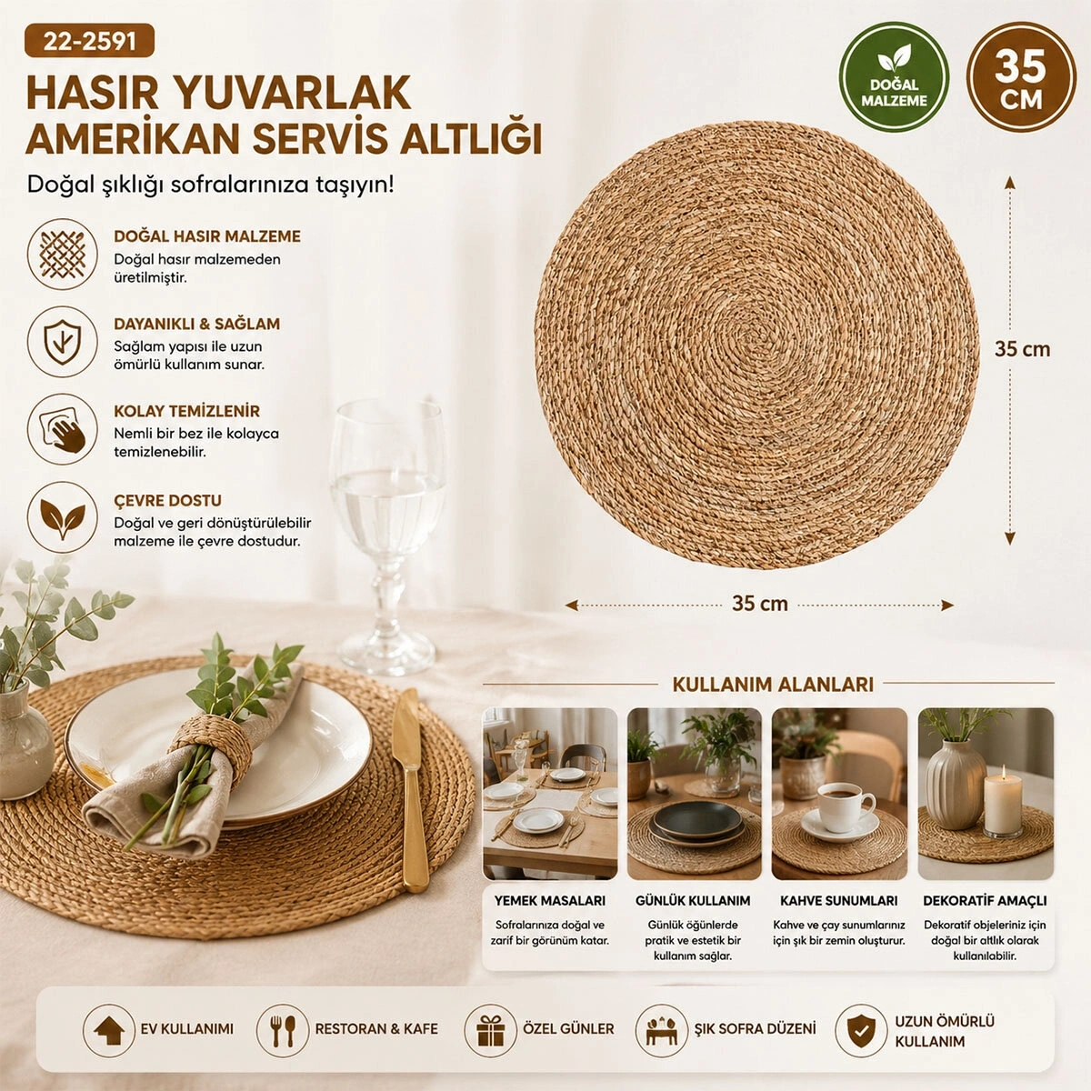 MİR-1538 ( HASIR ) ( 35CM ) ( YUVARLAK ) AMERİKAN SERVİS ALTI  & SUPLA ALTLIK*85