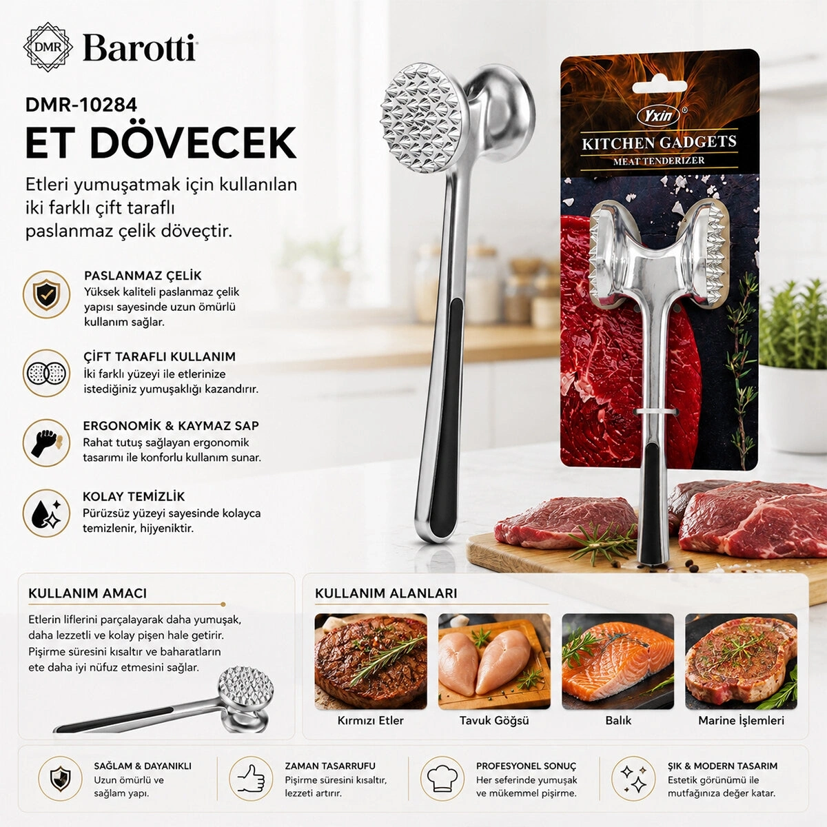 BAROTTİ DMR-10284 ( ÇİFT BAŞLI & KOMPLE METAL ) ( PASLANMAZ ÇELİK ) ET DÖVECEK*72