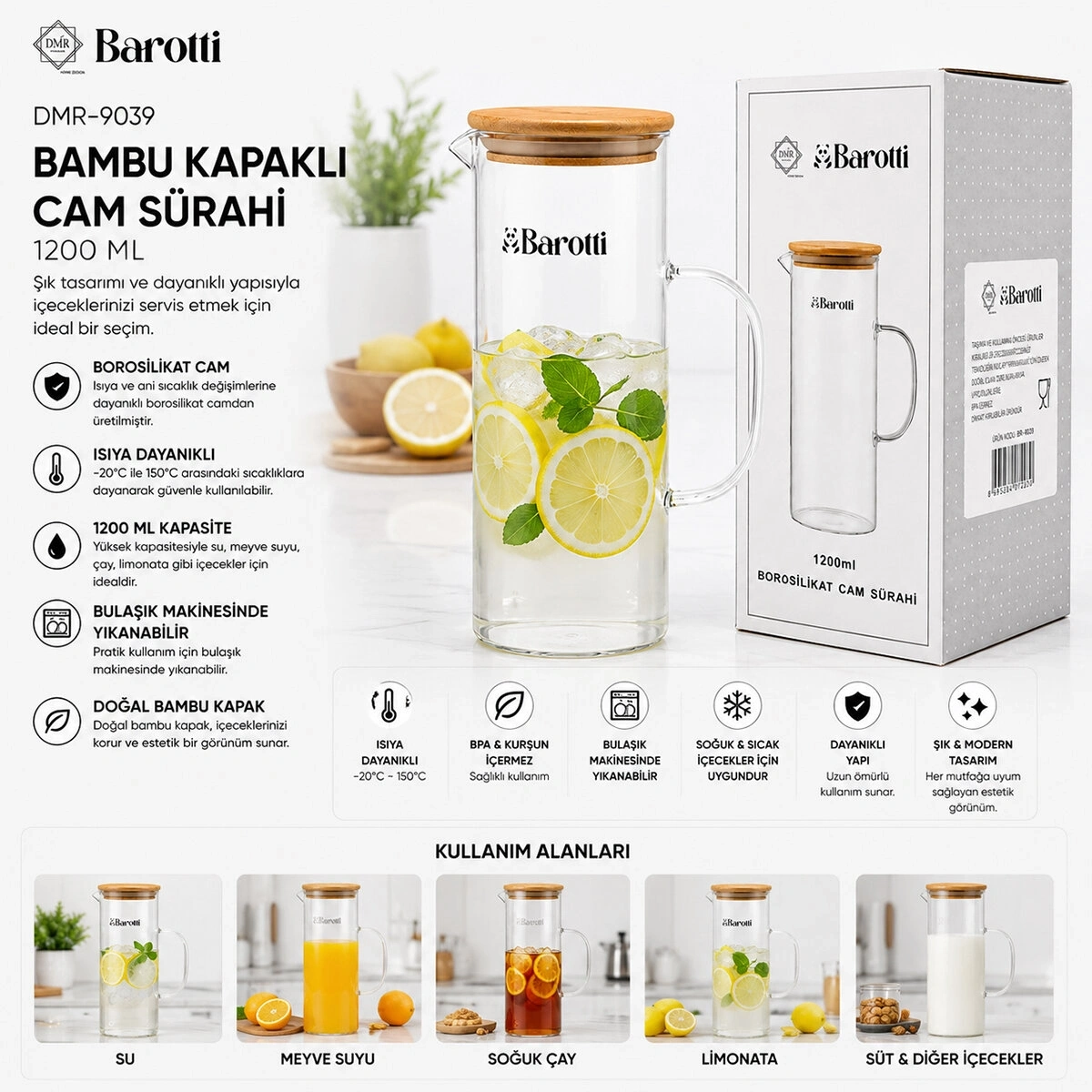 BAROTTİ DMR-9039 ( BAMBU KAPAKLI ) CAM SÜRAHİ & BOROSİLİKAT ( 1200ML )*12=K