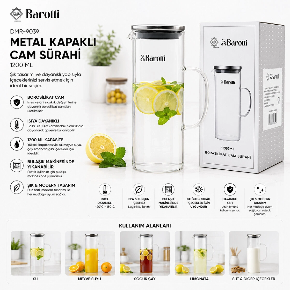 BAROTTİ DMR-9039 ( METAL KAPAKLI ) CAM SÜRAHİ & BOROSİLİKAT ( 1200ML )*12=K