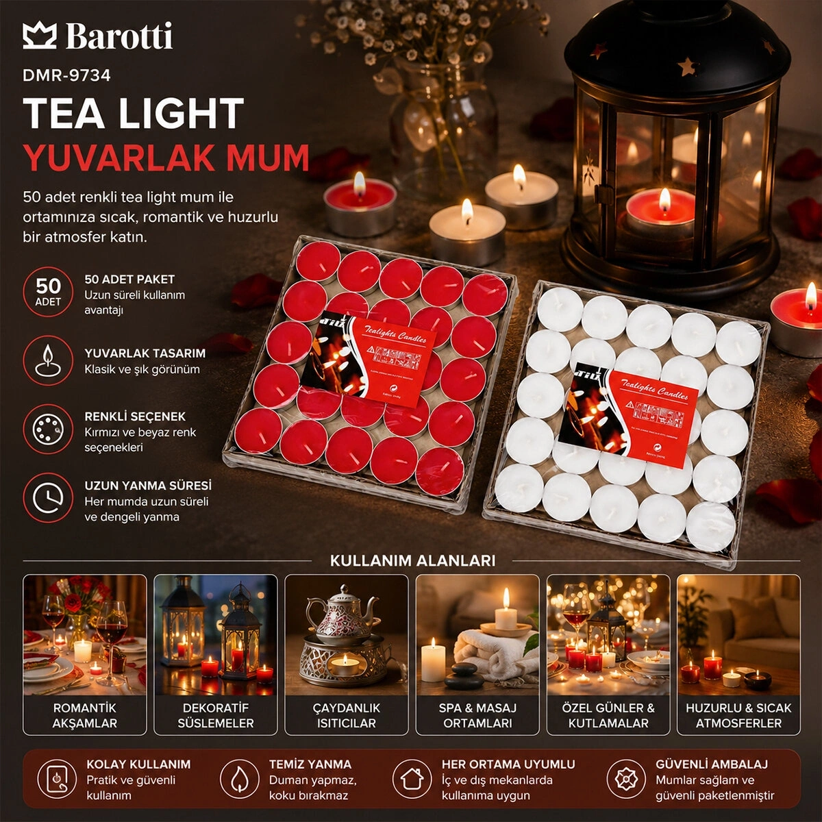 BAROTTİ DMR-9734 ( 50PCS ) ( RENKLİ ) ( YUVARLAK ) TEA LİGHT MUM*40