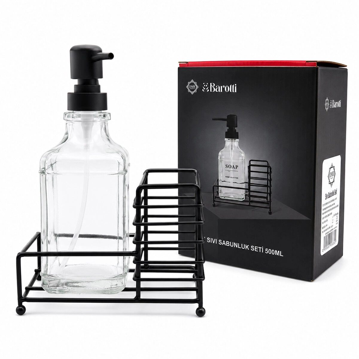 BAROTTİ DMR-9779 ( CAM ŞİŞE & 500ML ) ( SİYAH METAL STAND & SİYAH POMPA ) SIVI SABUNLUK SETİ*24