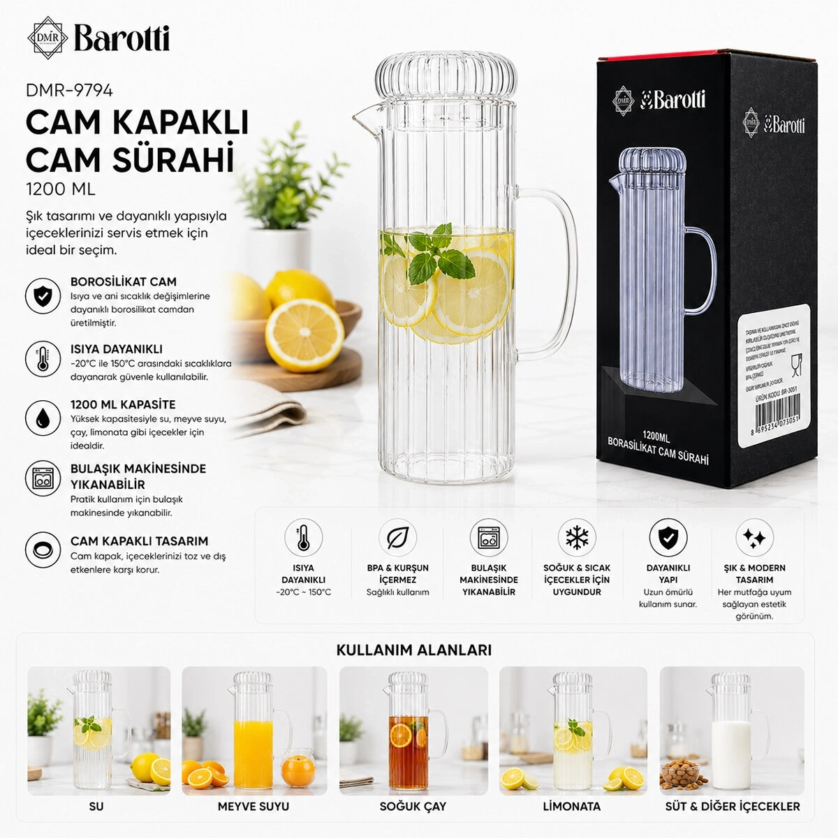 BAROTTİ DMR-9794 ( CAM KAPAKLI ) CAM SÜRAHİ & BOROSİLİKAT ( 1200ML )*12=K