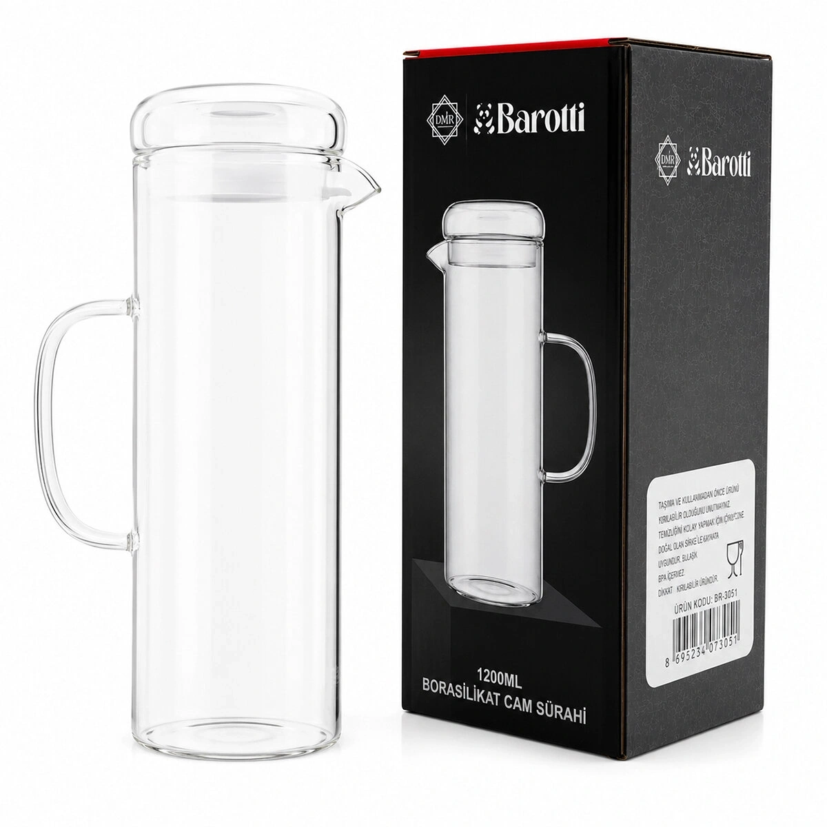 BAROTTİ DMR-9795 ( CAM KAPAKLI & DÜZ ) CAM SÜRAHİ & BOROSİLİKAT ( 1200ML )*12=K