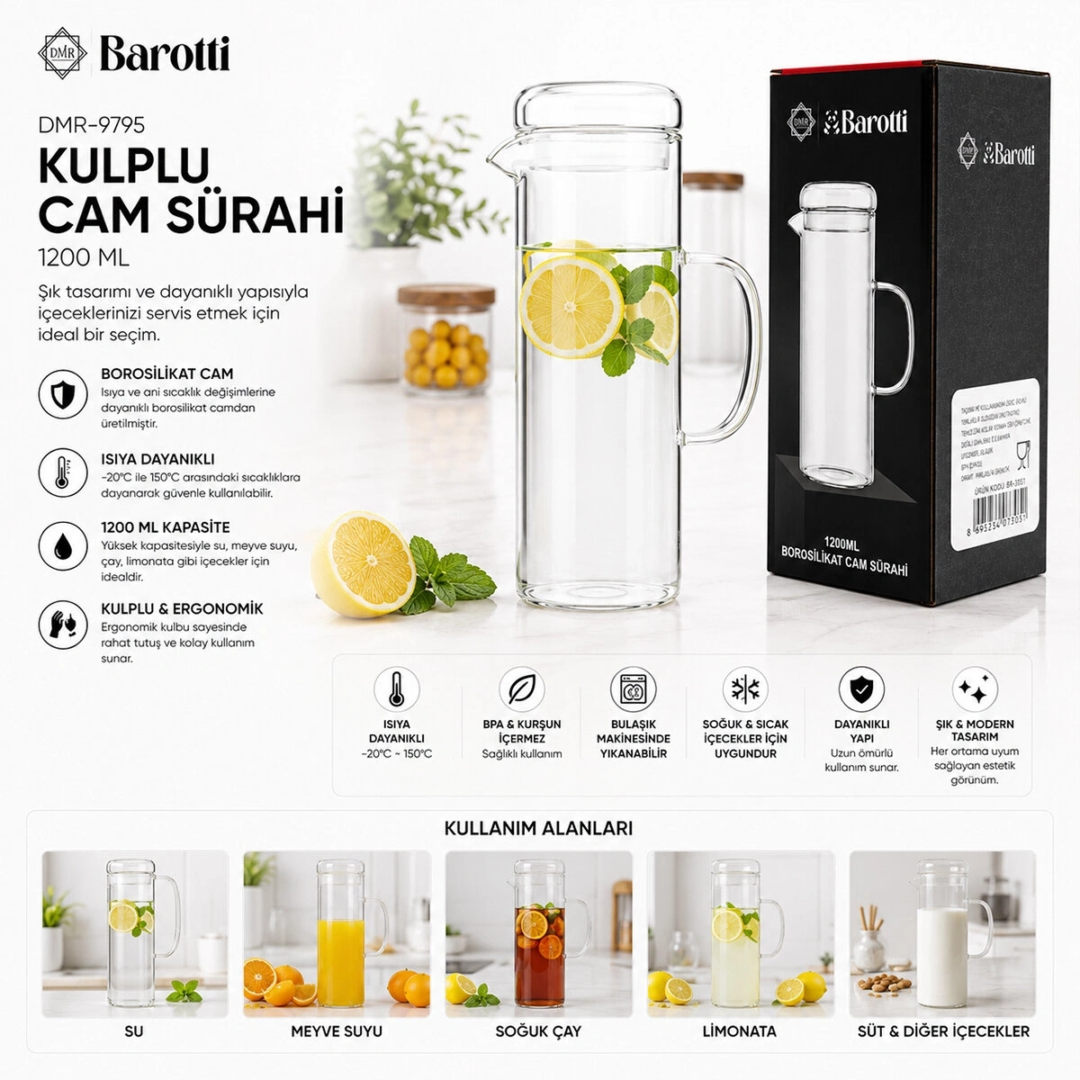 BAROTTİ DMR-9795 ( CAM KAPAKLI & DÜZ ) CAM SÜRAHİ & BOROSİLİKAT ( 1200ML )*12=K