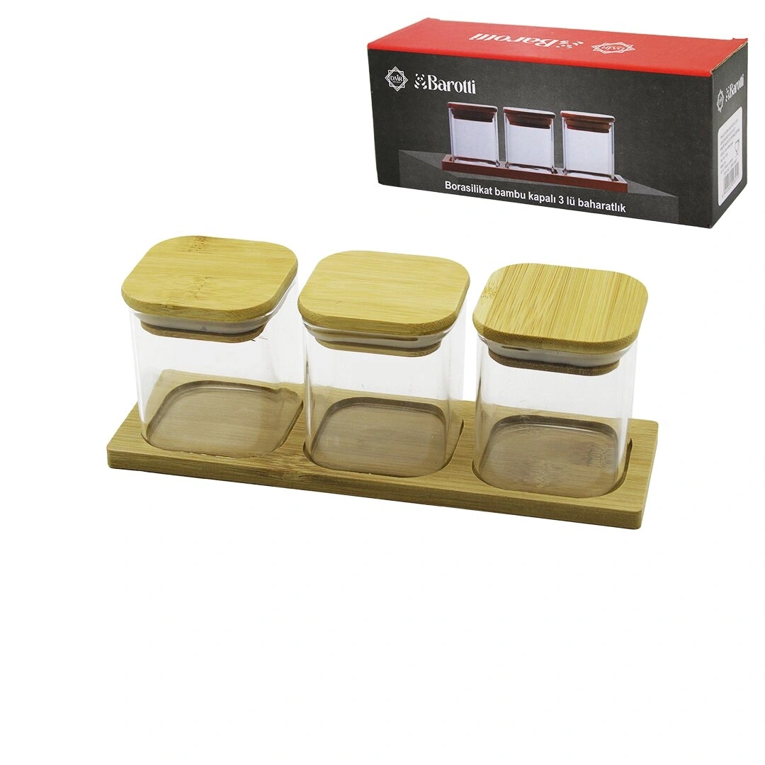 BAROTTİ DMR-9801 ( 3PCS ) ( KARE ) BORASİLİKAT BAHARATLIK ( BAMBU KAPAKLI & STANDLI )*24=K