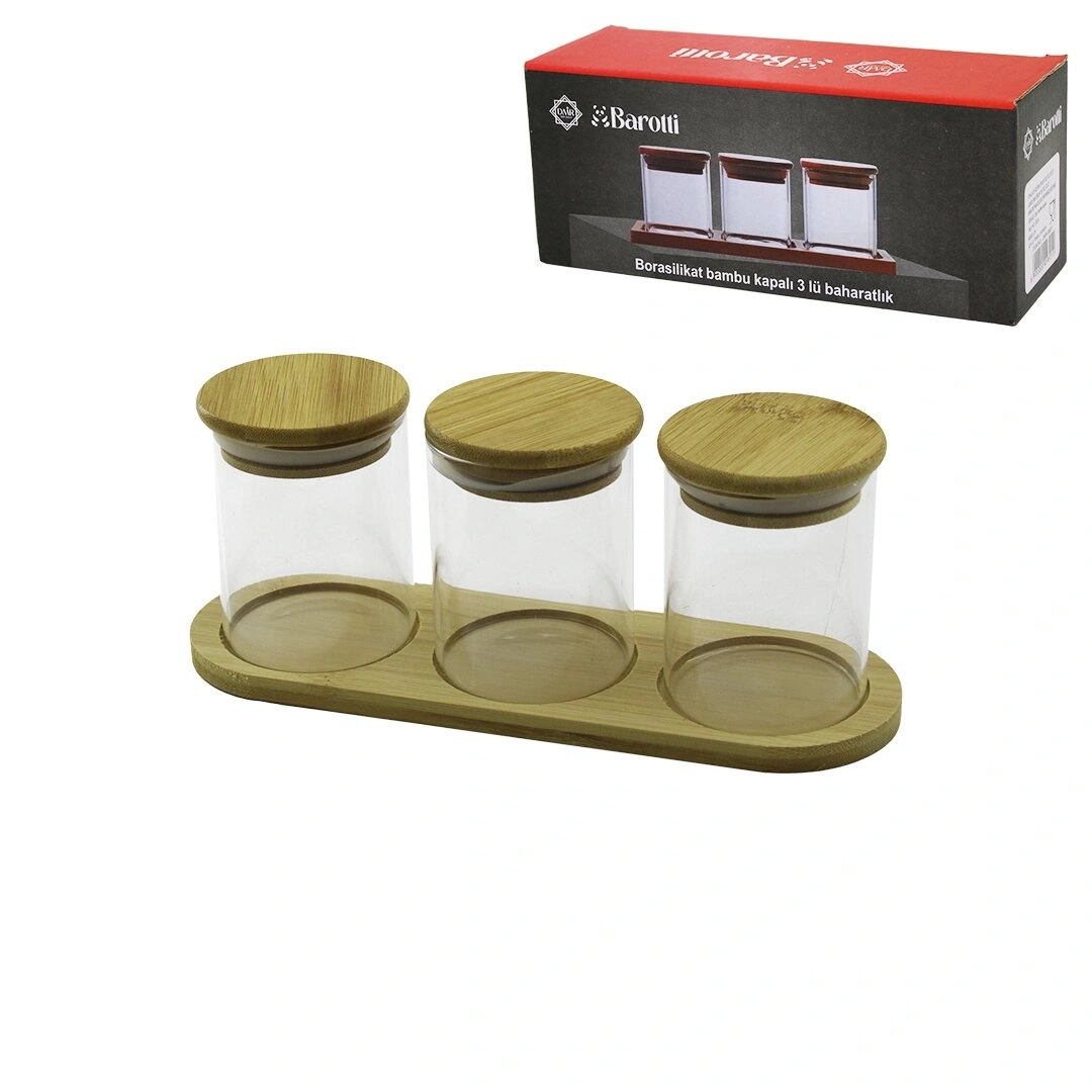 BAROTTİ DMR-9802 ( 3PCS ) ( YUVARLAK ) BORASİLİKAT BAHARATLIK ( BAMBU KAPAKLI & STANDLI )*24=K