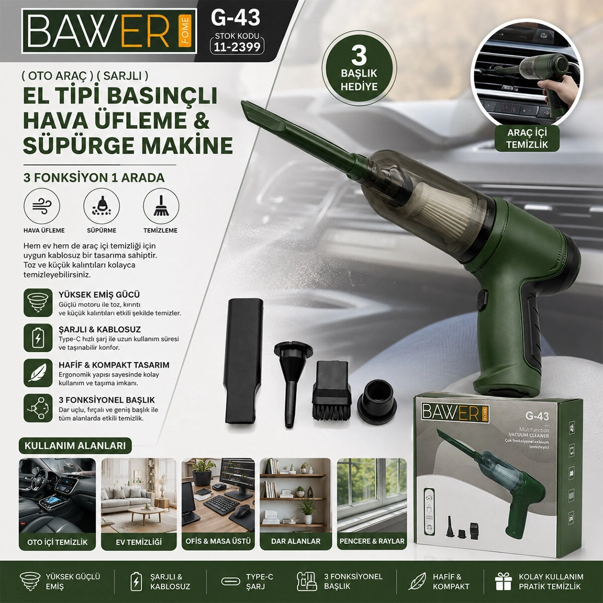 BAWER G-43 ( OTO ARAÇ ) ( SARJLI ) EL TİPİ BASINÇLI HAVA ÜFLEME & SÜPÜRGE MAKİNE ( 3 BAŞLIK )*60
