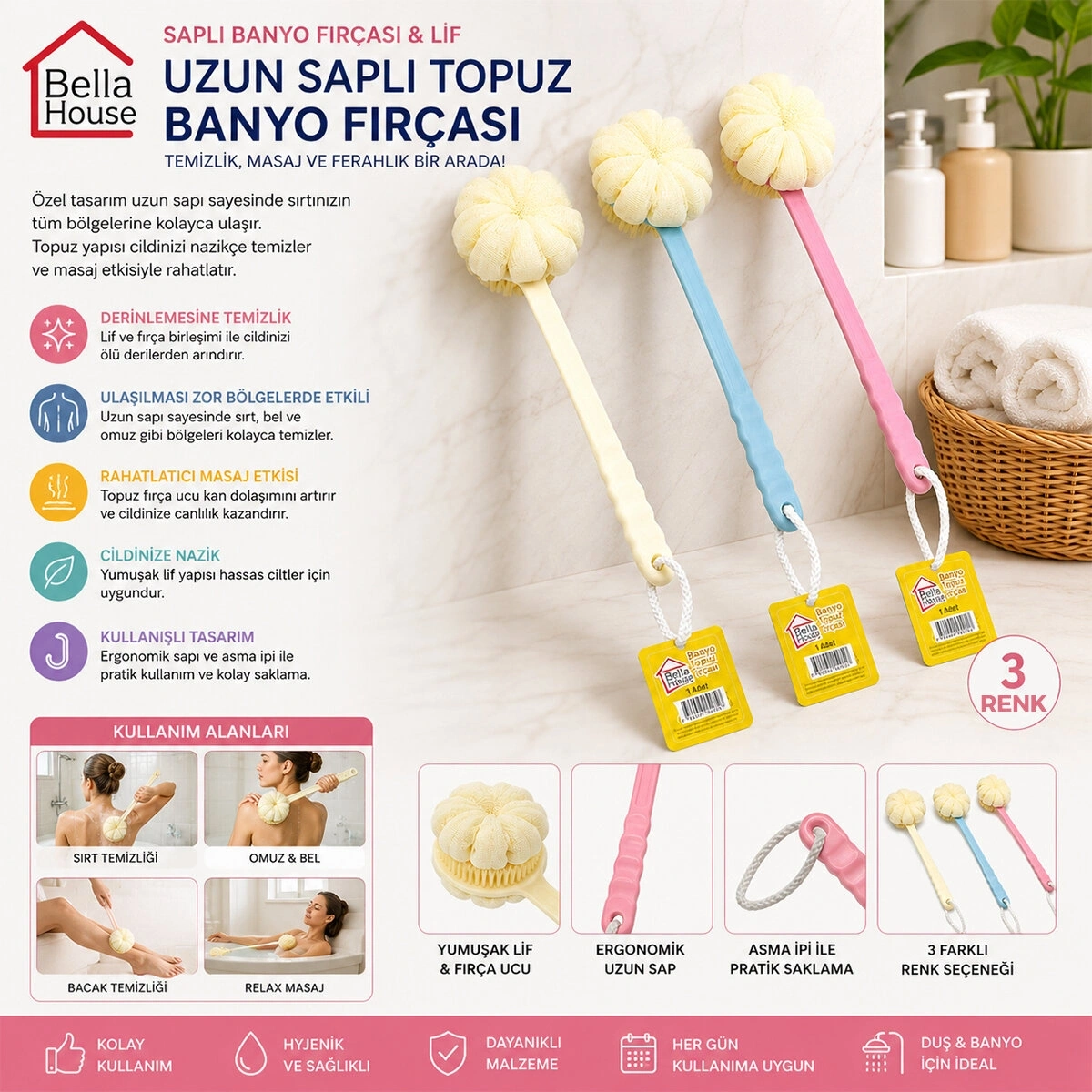 BELLA HOUSE K-6647 ( 2İN1 KULLANIM = PLASTİK SAPLI ) BANYO LİF & DUŞ FIRÇASI 38CM*12X10