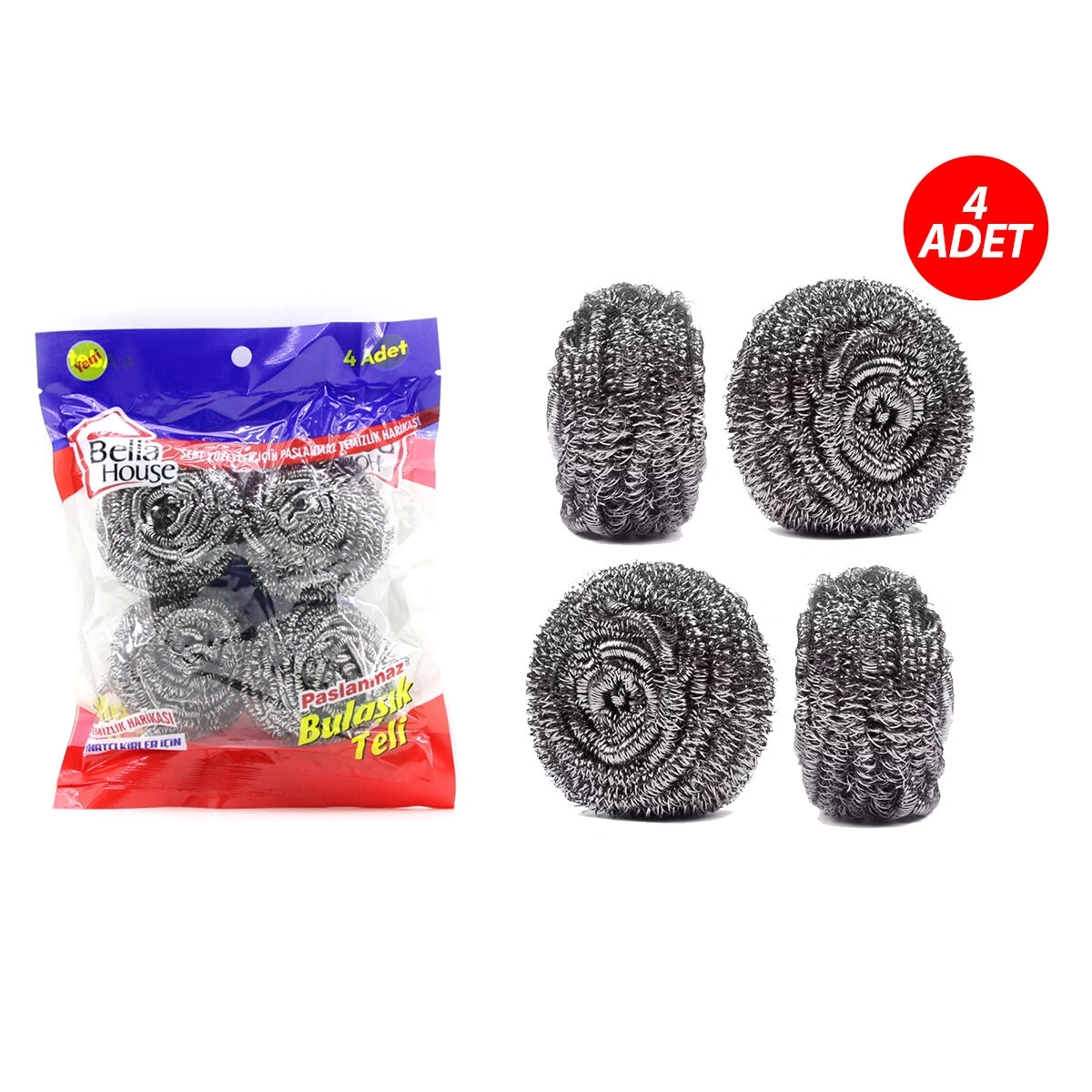 BELLA HOUSE K-7279 ( 4PCS ) ( POŞETLİ ) BULAŞIK TOP TELİ ( PASLANMAZ )*12X20