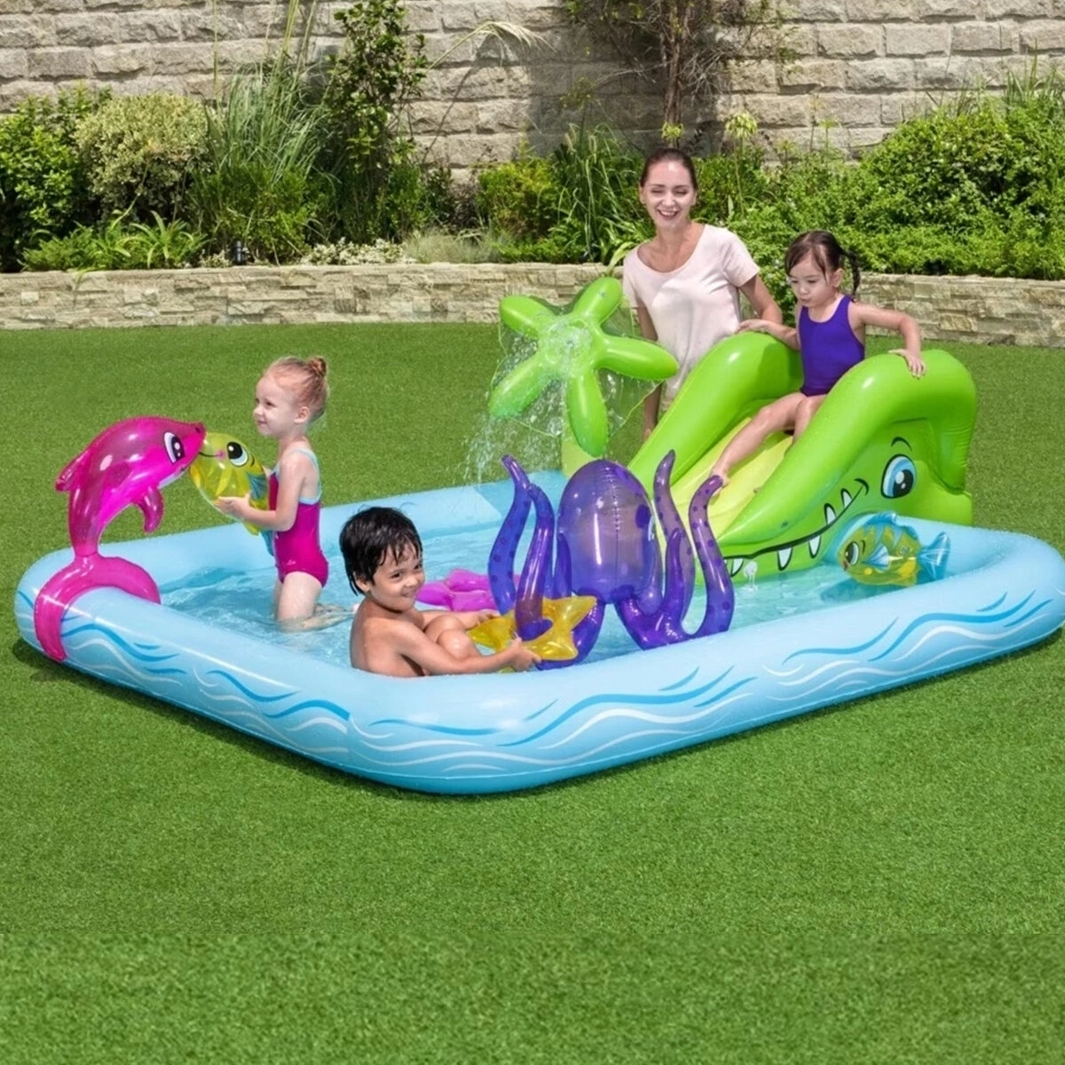 BESTWAY-53052 ( 308LT ) ŞİŞME HAVUZ & MİNİ SU OYUN PARKI ( 1KAYDIRAK - 1YUNUS - 2PAYLANÇO BALIK - 1AHTAPOT - 2SİMİT ) ( 239X206X86CM )*3=K