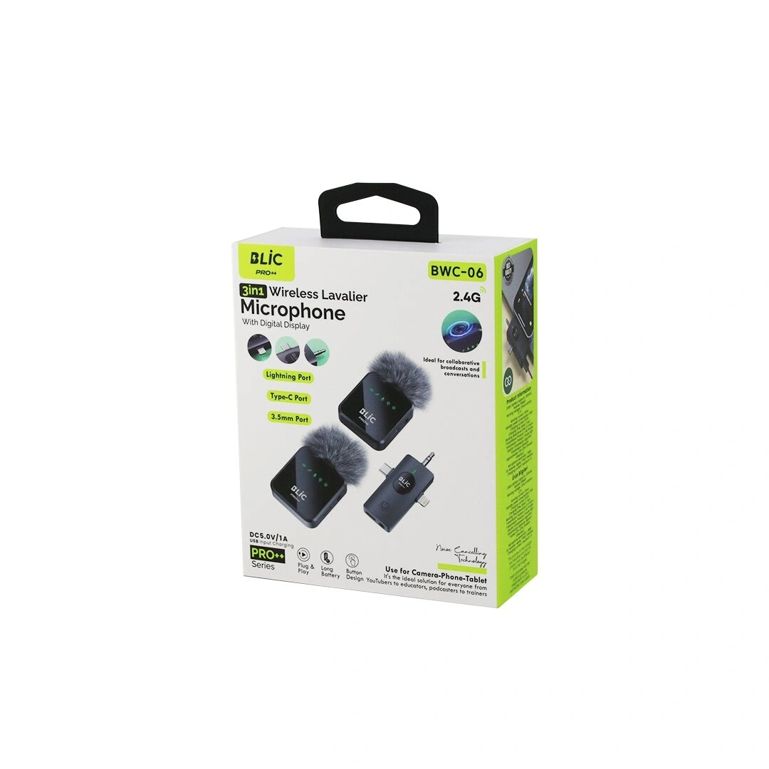 BLİC BWM-06 ( 3İN1 ) KABLOSUZ İKİLİ YAKA MİKROFON ( TÜYLÜ ) ( DİJİTAL EKRAN ) ( LİGHTNİNG - TYPE-C - 3.5MM GİRİŞ ) ( 5.0V / 1A )*50