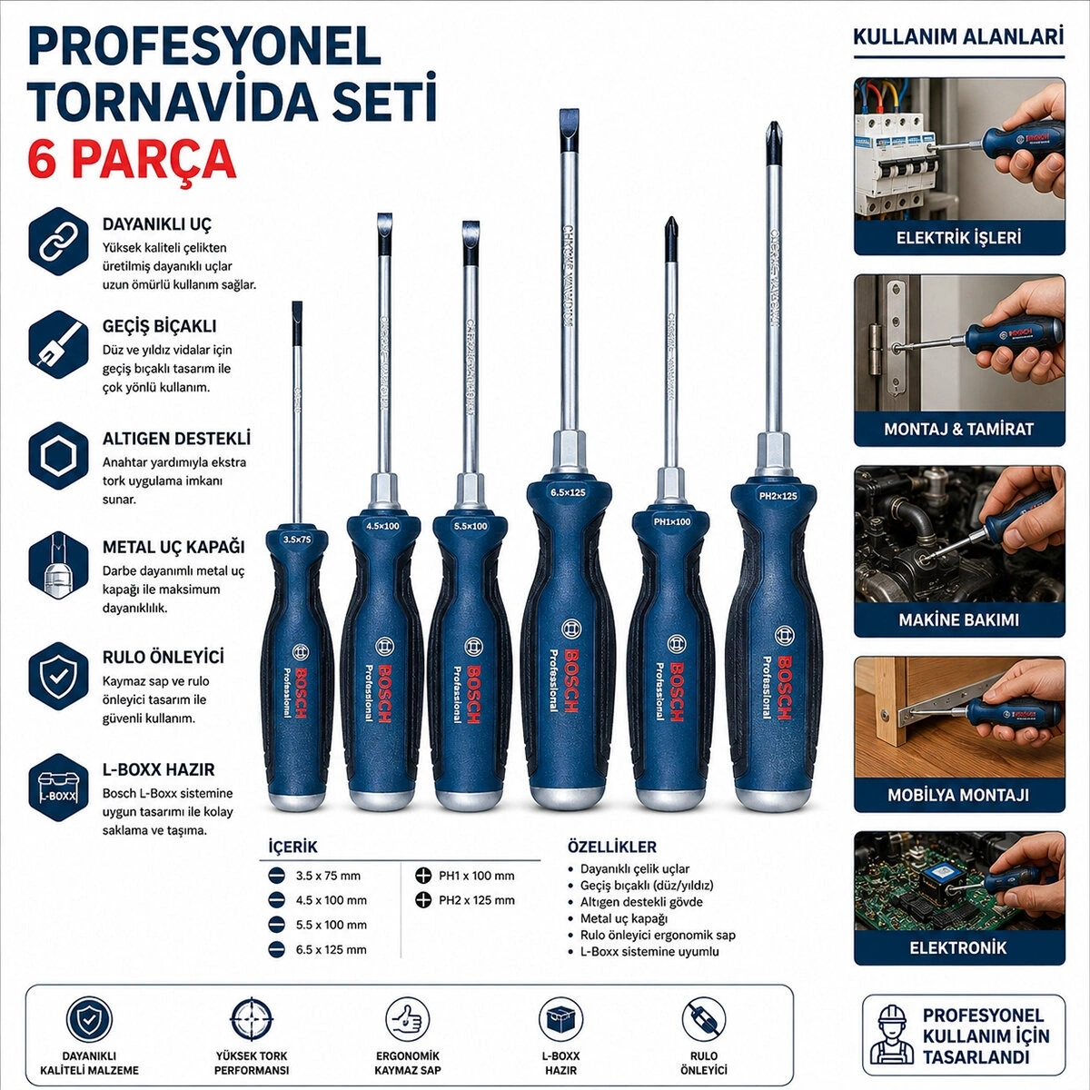 BOSCH-1 600 A01 6BF ( 6PCS ) PROFESYONEL TORNAVİDA SETİ ( PH2X125 - PH1X100 - 3.5X75 - 6.5X125 - 5.5X100 - 4.5X100 )*1