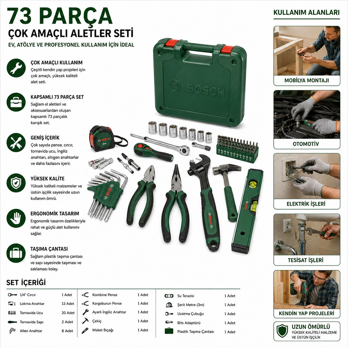 BOSCH-1 600 A03 9HZ ( 531 ) ( 73PCS ) HIRDAVAT SET ( KURBAĞACIK-KERPETEN-PAPAĞAN PENSE-ÇEKİÇ-CIRCIR KOL-TORNAVİDA-BİTS UÇ-ALYAN SET-SU TERAZİSİ- PENSE- MAKET BIÇAK & YEDEK -ŞERİT METRE-KALEM)*1