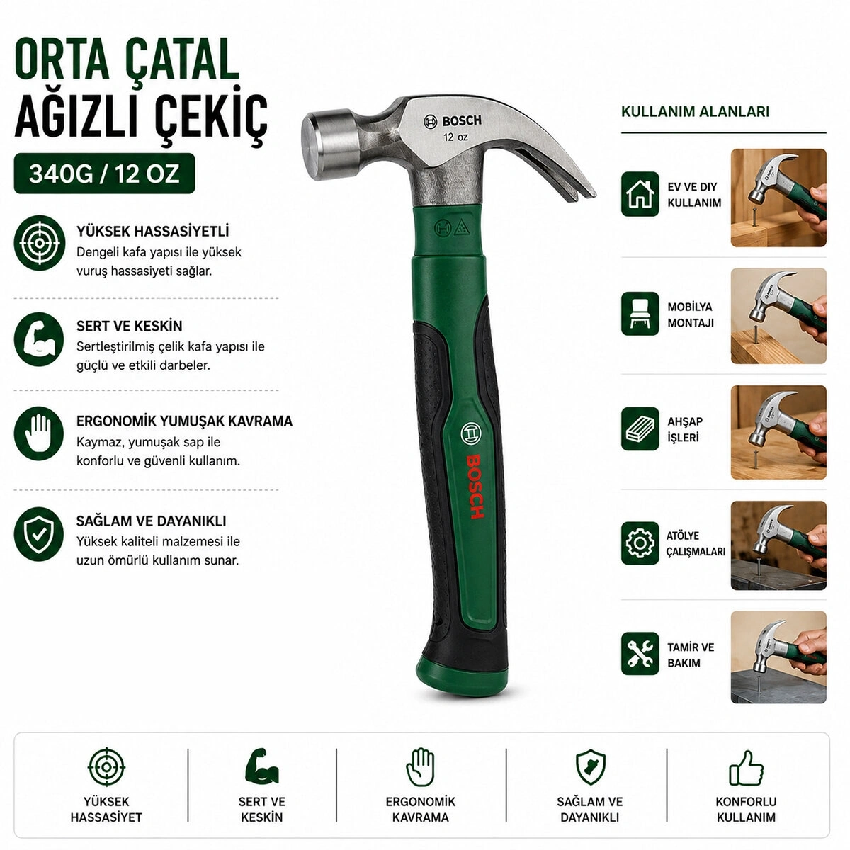 BOSCH-1 600 A02 W7X ORTA ÇATAL ÇEKİÇ ( 12OZ ) 24CM ( ERGONAMİK YUMUŞAK SAP )*1
