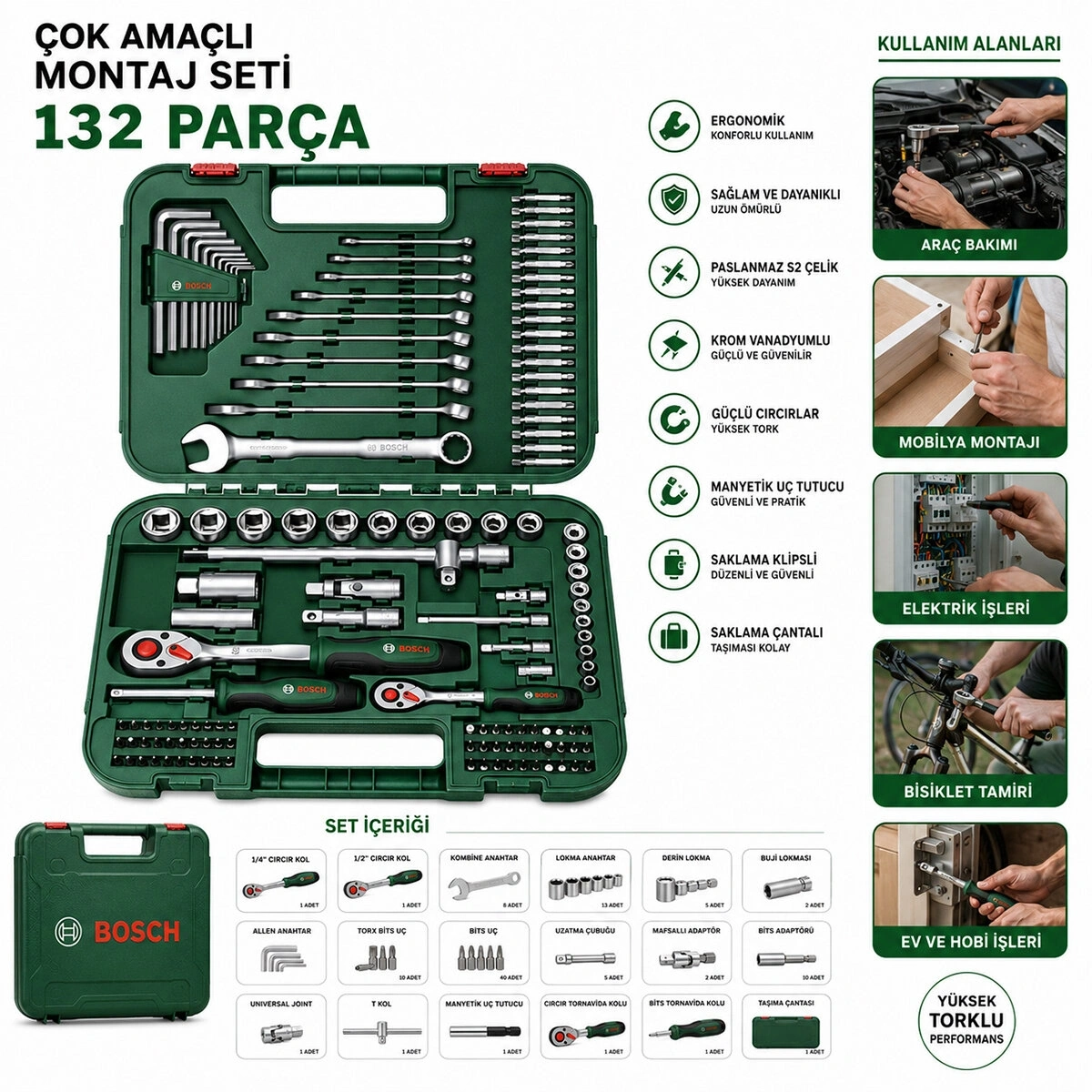 BOSCH-1 600 A02 Z9B ( 132PCS ) (1/2 & 1/4 CIRCIR KOL & 10PCS ALYAN & LOKMA - BİTS - UZATMA UÇLARI & KOMBİNE ANAHTAR )