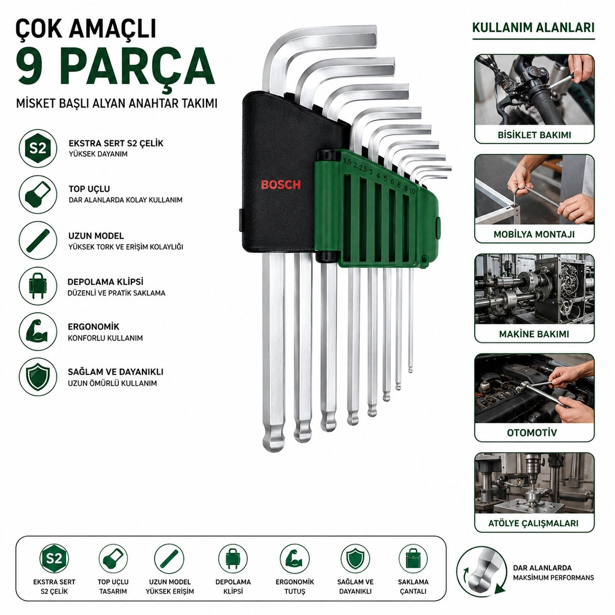 BOSCH-1 600 A03 2V1 ( 9PCS ) ( KROM ) ( UZUN & DÜZ ) ALYAN ( ALLEN ) ANAHTAR TAKIMI*1
