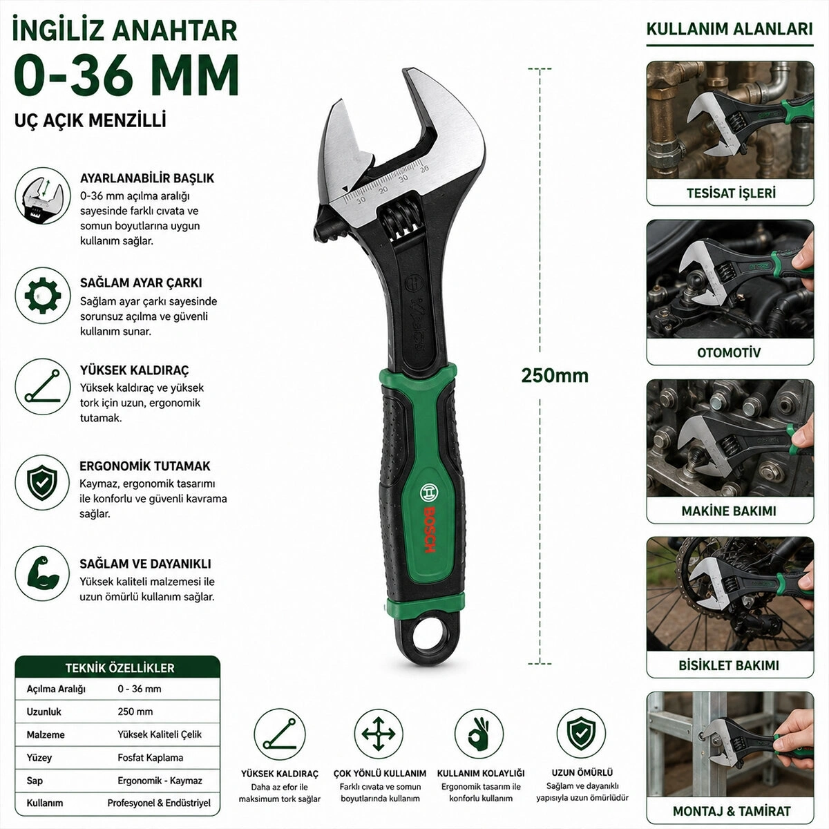 BOSCH-1 600 A03 9HP ( 10 & 250MM ) İNGİLİZ ANAHTAR & KURBAĞACIK SETİ*1