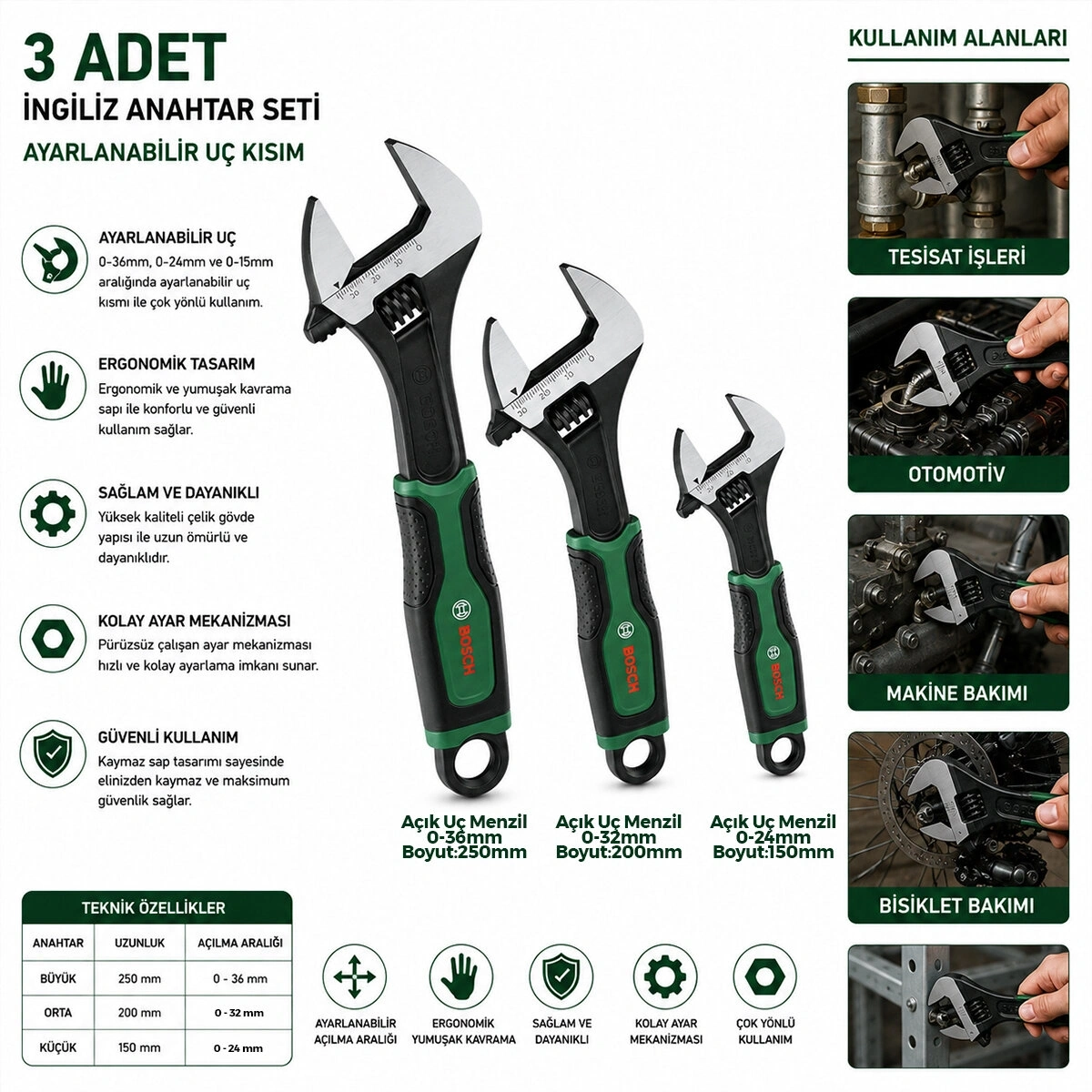 BOSCH-1 600 A03 9HR ( 3PCS ) İNGİLİZ ANAHTAR & KURBAĞACIK SETİ ( 6-8-10 & 150-200-250MM )*1