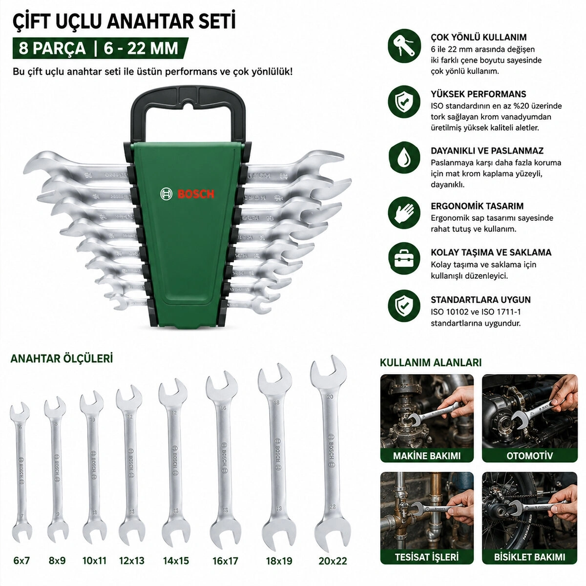 BOSCH-1 600 A03 HM8 ( 8PCS ) AĞZI AÇIK ANAHTAR SETİ ( 6/7 - 8/9 - 10/11 - 12/13 - 14/15 - 16/17 - 18/19 - 20/22 )*1