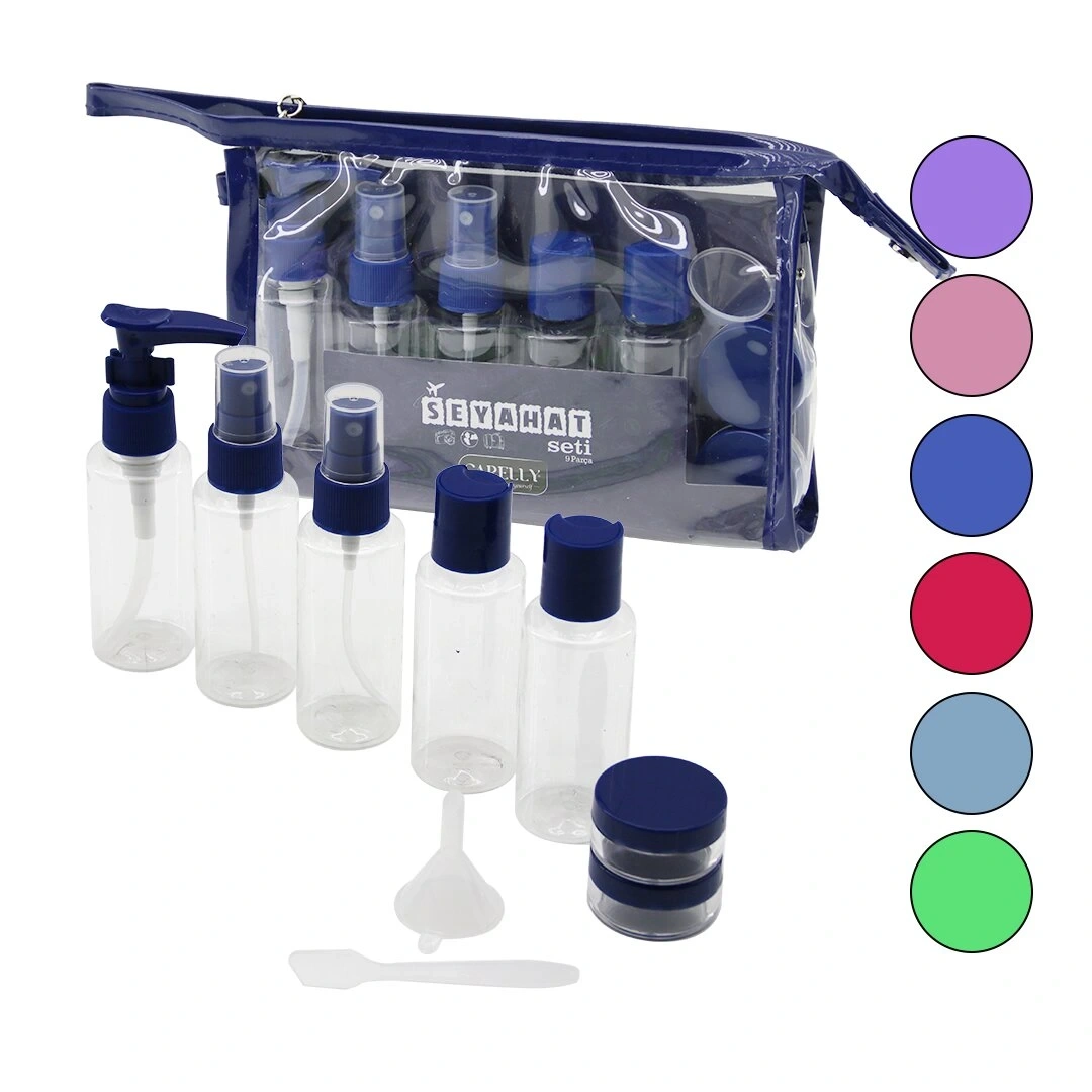 CARELLY CR-3111 (9PCS) SEYAHAT KOZMETİK SET (5-PLS.POMPALI+SPREY+KAPAKLI ŞİŞE(50ML)& 2-KREM KUTU(10GR)& 1-HUNİ & 1-SPATULA)*12X6