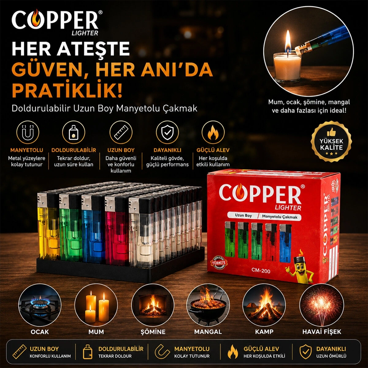 COPPER LIGHTER CM-200 ( DOLDURULABİLİR & UZUN BOY ) MANYETÖLLÜ CEP ÇAKMAK*50X20