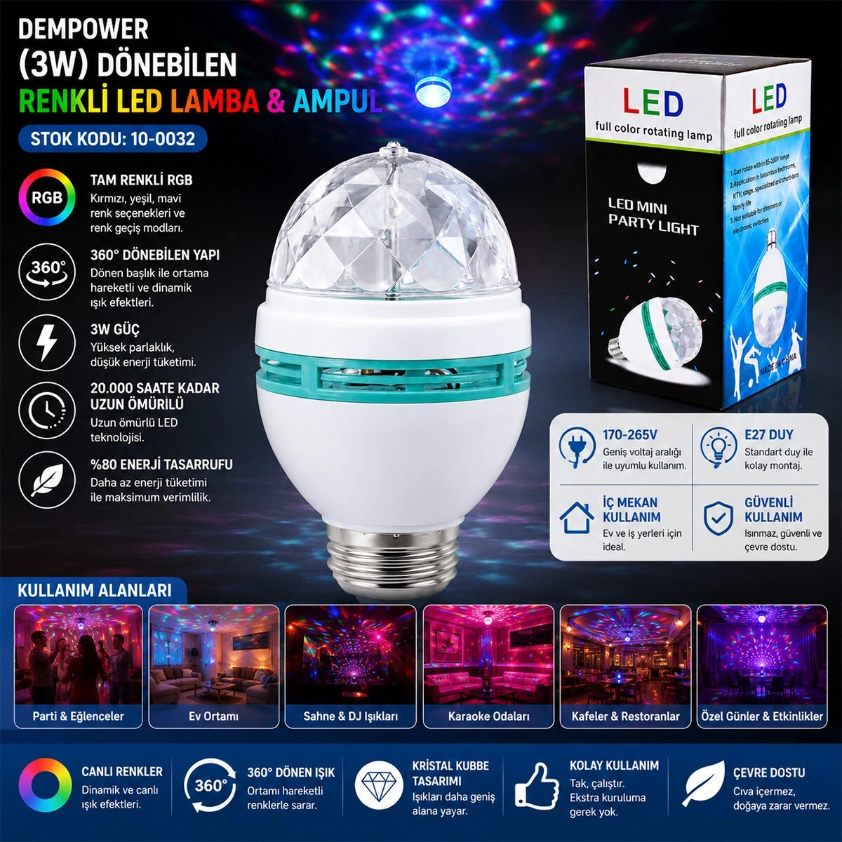 DEMPOWER DP-269 ( 3W ) DÖNEBİLEN ( DİSKO ) RENKLİ LED LAMBA & AMPUL ( TAM RENKLİ ) ( 170-265V )*100