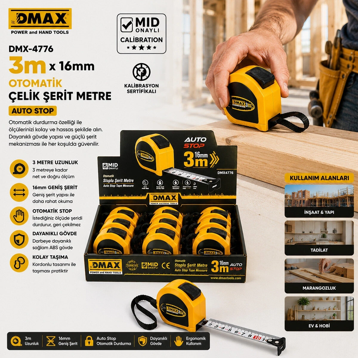DMAX DMX-4776 ( 3MT X 16MM ) ( OTOMATİK ) ÇELİK ŞERİT METRE ( STOPLU )*12X12