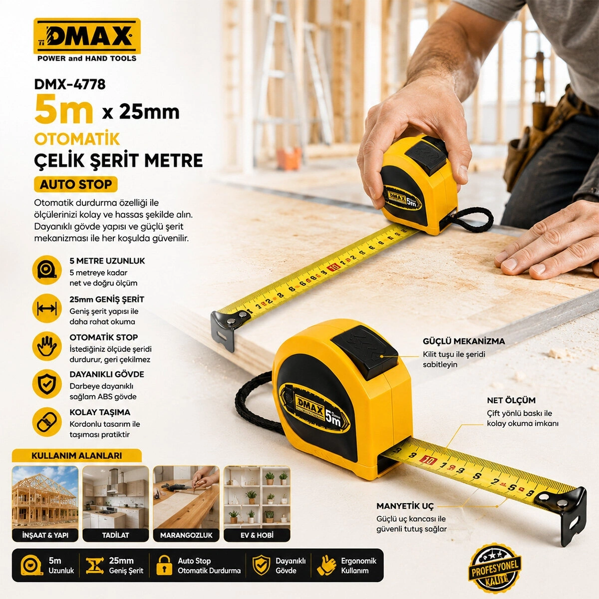 DMAX DMX-4778 ( 5MT X 25MM ) ( OTOMATİK ) ÇELİK ŞERİT METRE ( STOPLU )*12X8